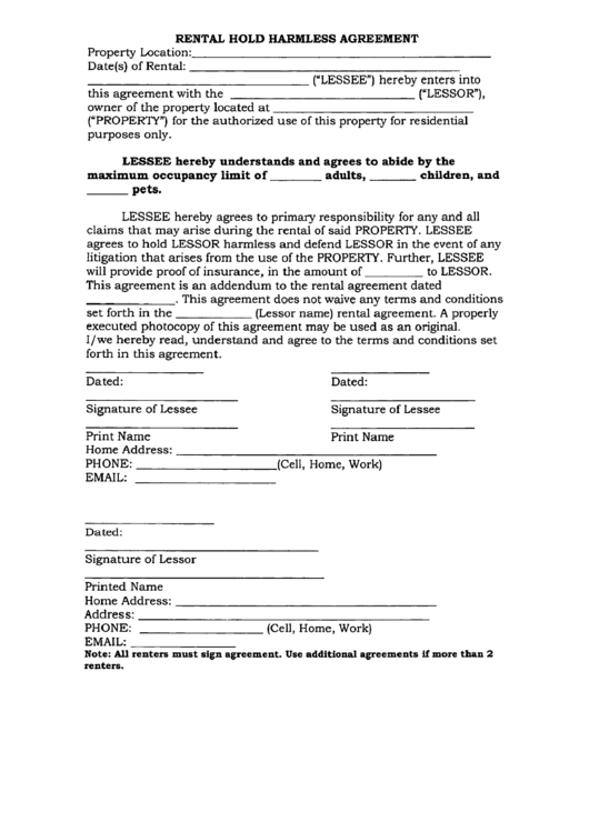 Sample Rental Hold Harmless Agreement Printable pdf