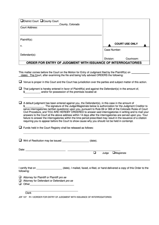 Fillable Order For Entry Of Judgment With Issuance Of Interrogatories Printable pdf