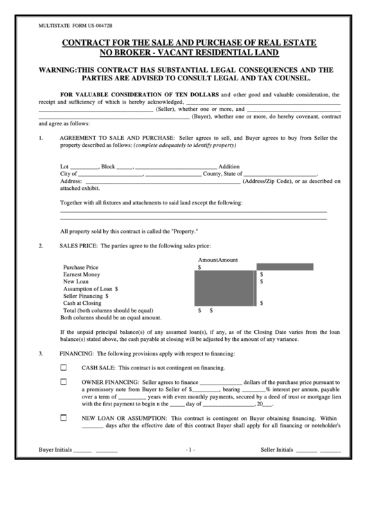 Fillable Form Us-00472b - Contract For The Sale And Purchase Of Real Estate No Broker - Vacant Residential Land Printable pdf