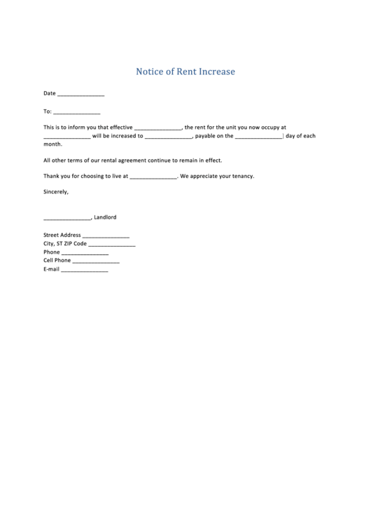 Notice Of Rent Increase Template Printable pdf