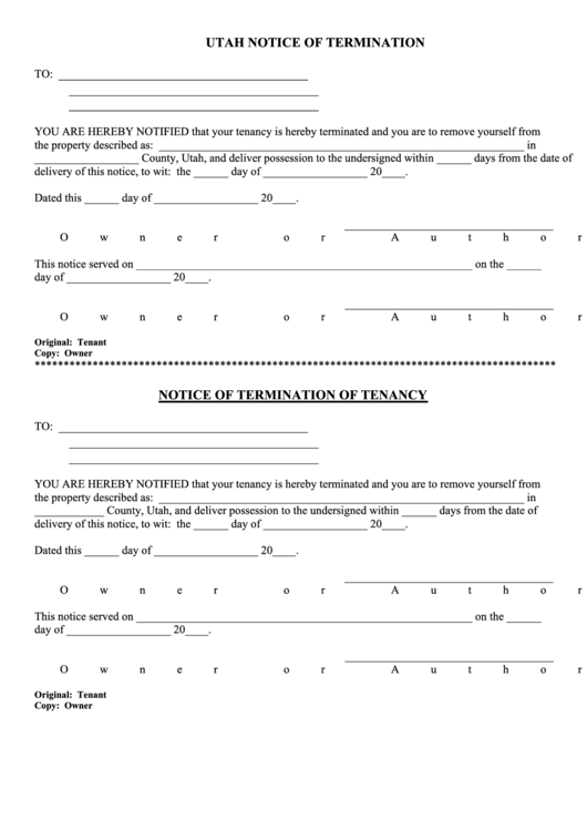 Utah Notice Of Termination Printable pdf