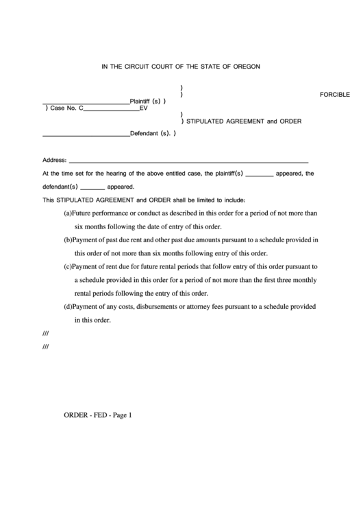 Fillable Stipulated Agreement And Order Printable pdf