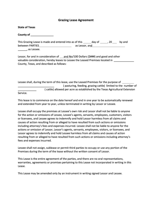 Grazing Lease Agreement Printable pdf