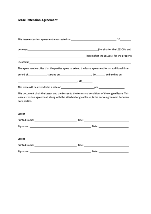 Fillable Lease Extension Agreement Printable pdf