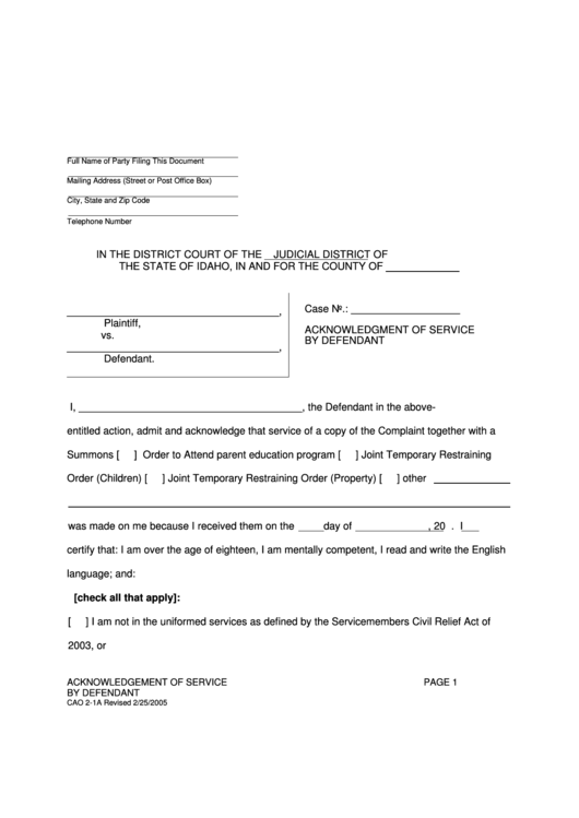 Acknowledgment Of Service By Defendant Printable pdf