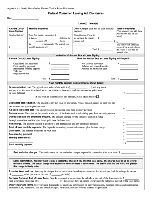 Fillable Federal Consumer Leasing Act Disclosures (Vehicle) Printable pdf