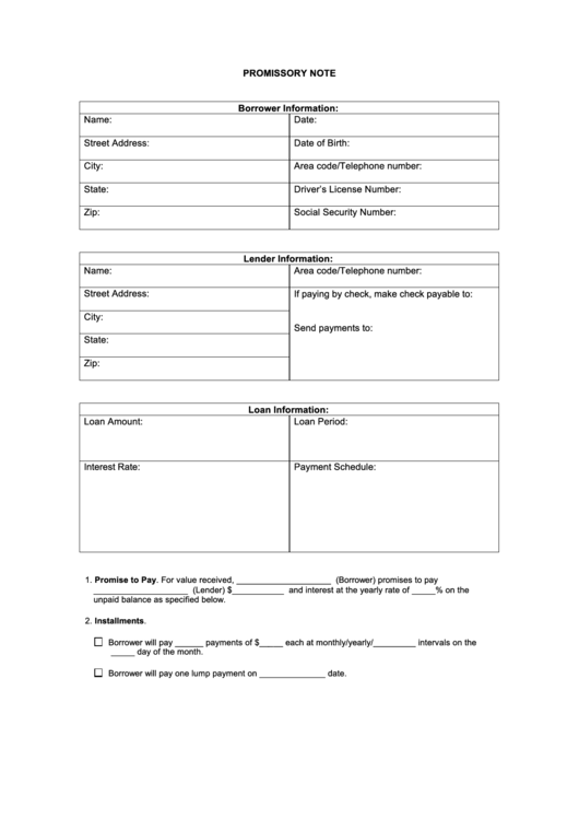 Fillable Promissory Note Template Printable pdf