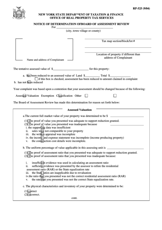 Fillable Form Rp-525 - Notice Of Determination Of Board Of Assessment Review Printable pdf