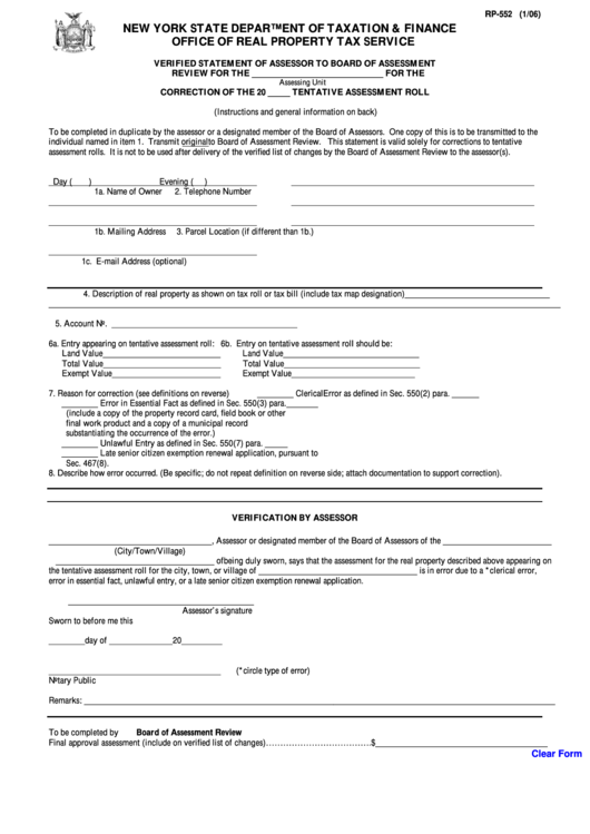 Fillable Form Rp-552 - Verified Statement Of Assessor To Board Of Assessment Review - 2006 Printable pdf