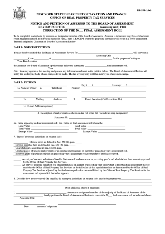 Fillable Form Rp-553 - Notice And Petition Of Assessor To The Board Of Assessment - 2006 Printable pdf