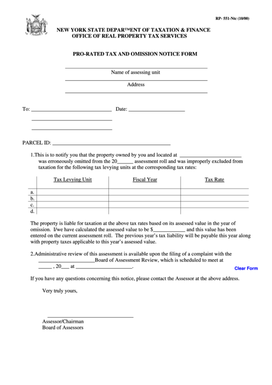 Fillable Rp-551 Form Pro-Rated Tax And Omission Notice Form Printable pdf