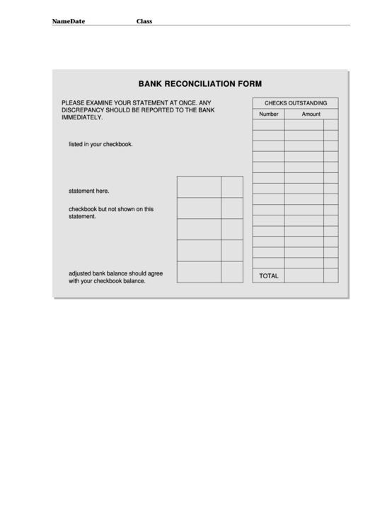 Bank Reconciliation Form Printable pdf