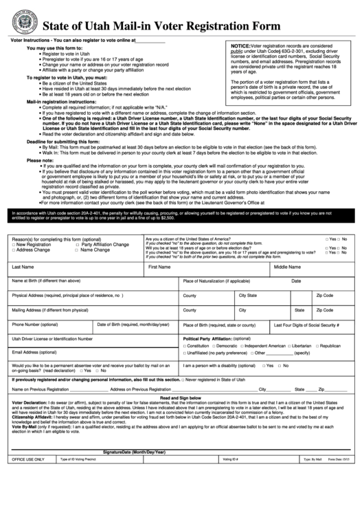 Mail-In Voter Registration Form - State Of Utah - 2015 Printable pdf