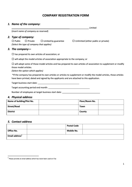 Company Registration Form Printable pdf