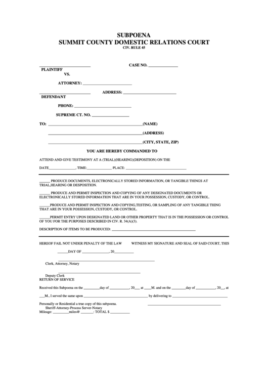 Subpoena Form - Summit County Domestic Relations Court Civ. Rule 45 Printable pdf