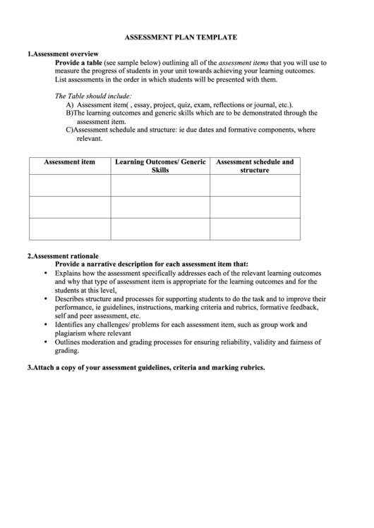 Fillable Assessment Plan Template Printable pdf