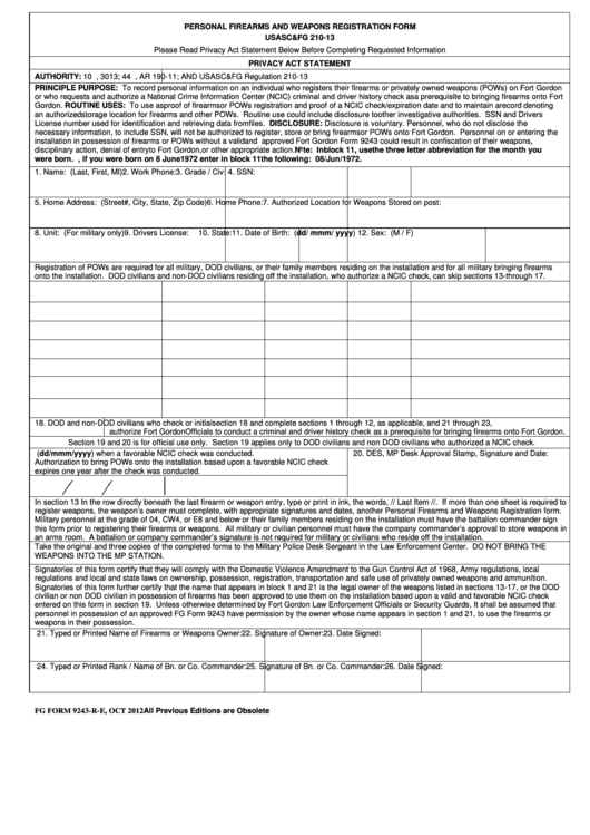 Personal Firearms And Weapons Registration Form Printable pdf