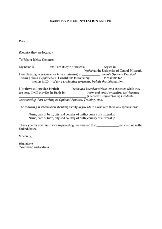 Sample Visitor Invitation Letter Printable pdf