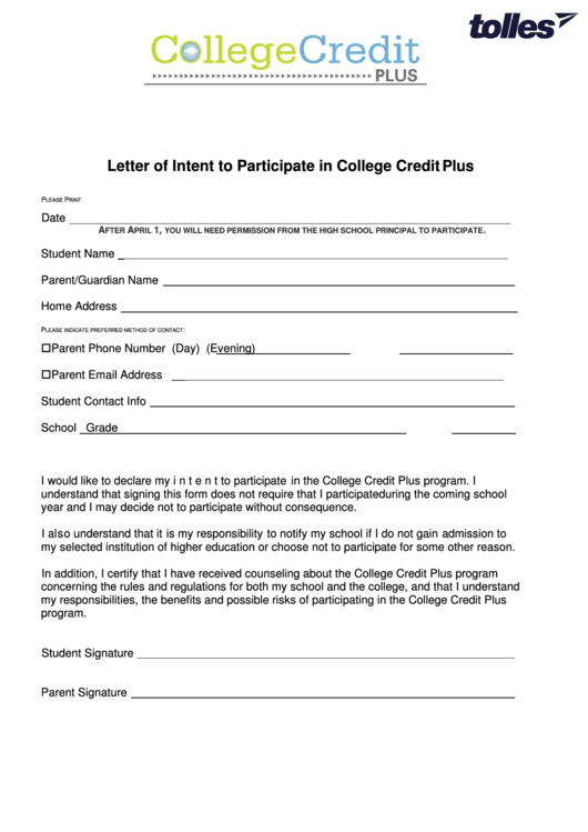 Letter Of Intent To Participate In College Credit Plus Printable pdf