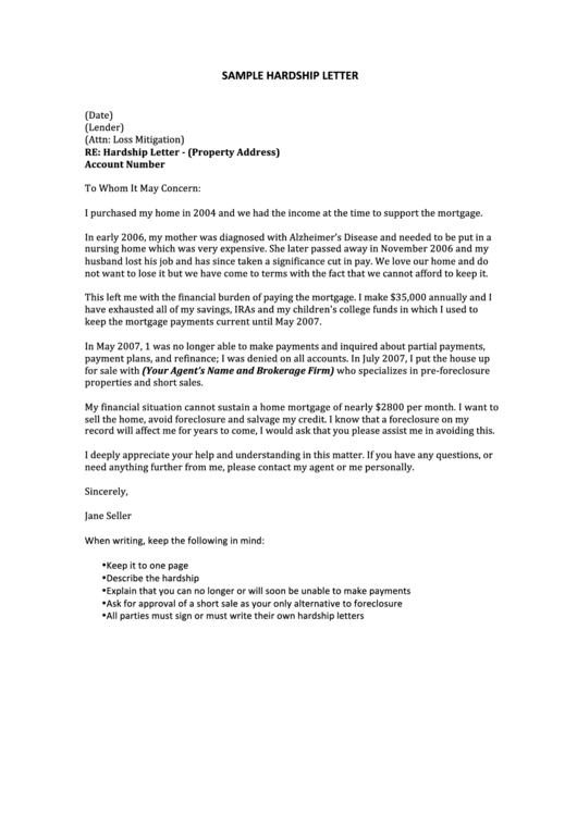 Sample Mortgage Hardship Letter Template