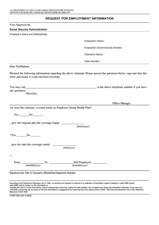 Form Cms-L564 - Request For Employment Information, Medicare True/false/multiple Choice Quiz Etc. Printable pdf