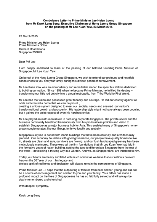 Condolence Letter To Prime Minister Lee Hsien Loong From Mr Kwek Leng Beng Printable pdf