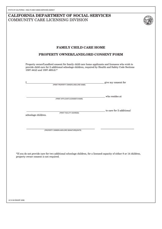 Fillable Family Child Care Home Property Owner/landlord Consent Form Printable pdf