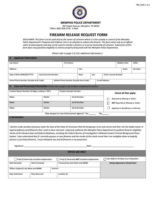 Memphis Police Department Firearm Release Request Form Printable pdf