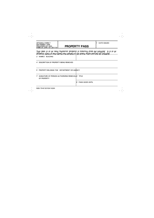 Fillable Optional Form 7 - Property Pass Printable pdf