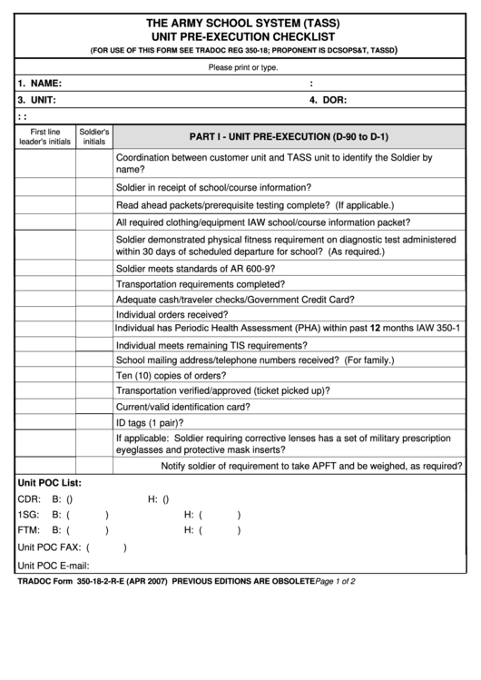 Fillable Form 350-18-2-R-E - The Army School System (Tass) Unit Pre-Execution Checklist Printable pdf