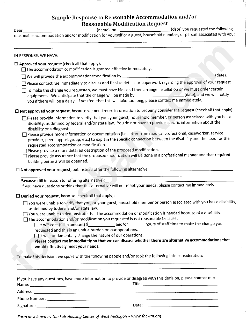 Sample Response To Reasonable Accommodation And/or Reasonable Modification Request