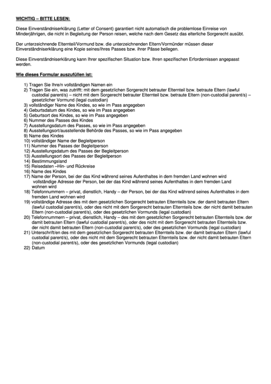 Letter Of Consent For Travel Of A Minor Child (English/german) Printable pdf