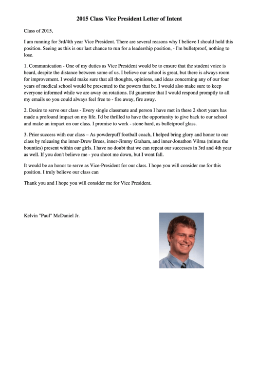 2015 Class Vice President Letter Of Intent Sample