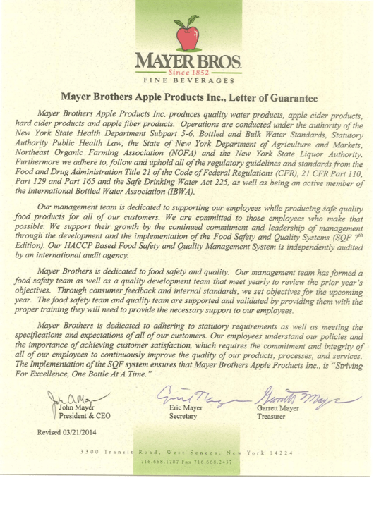 Mayer Brothers Apple Products Inc., Letter Of Guarantee Sample Printable pdf
