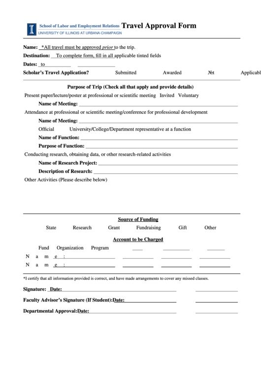 Fillable Travel Approval Form - School Of Labor & Employment Relations Printable pdf