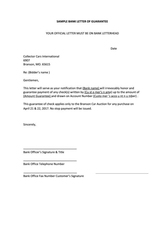 Sample Bank Letter Of Guarantee Printable pdf