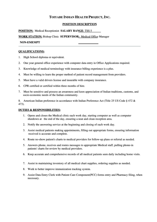 Medical Receptionist Job Description Printable pdf