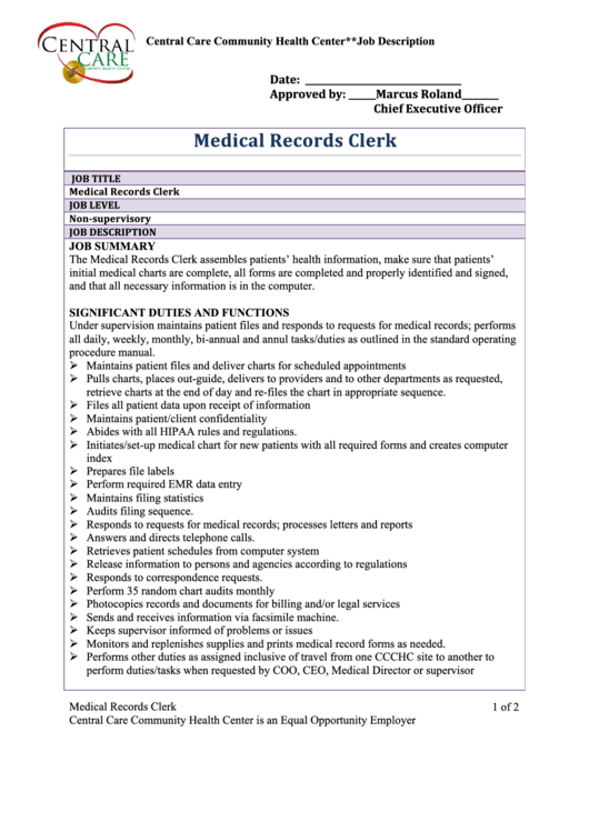 Medical Records Clerk Job Description Printable pdf