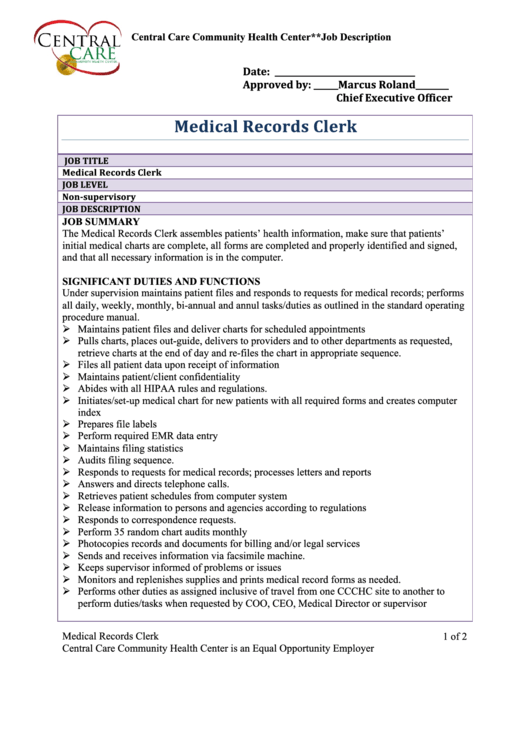 Medical Record Job Description