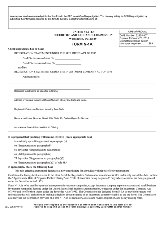 Fillable Form N-1a - United States Securities And Exchange Commission Printable pdf