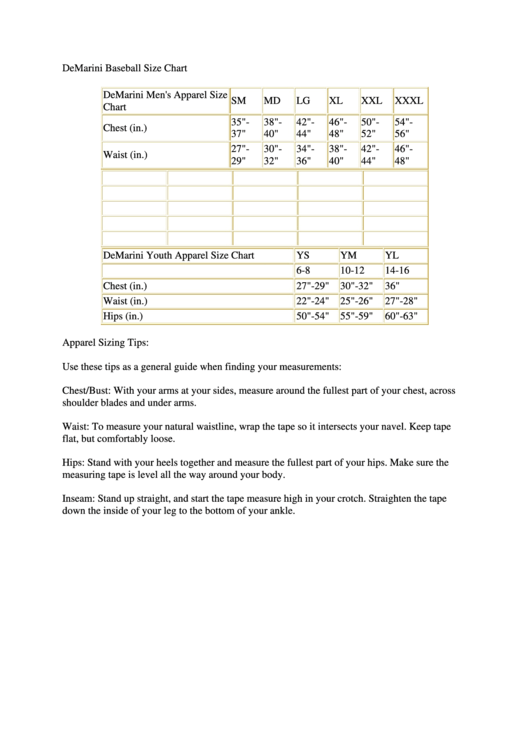 Demarini Baseball Size Chart Printable pdf