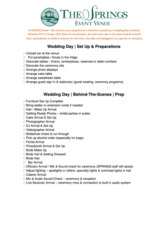 Wedding Day Spreadsheet Printable pdf