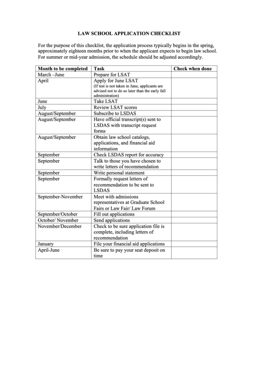 Law School Application Checklist Printable pdf
