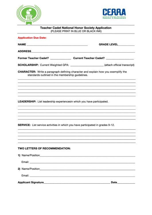 Teacher Cadet National Honor Society Application - Teacher Cadets Printable pdf