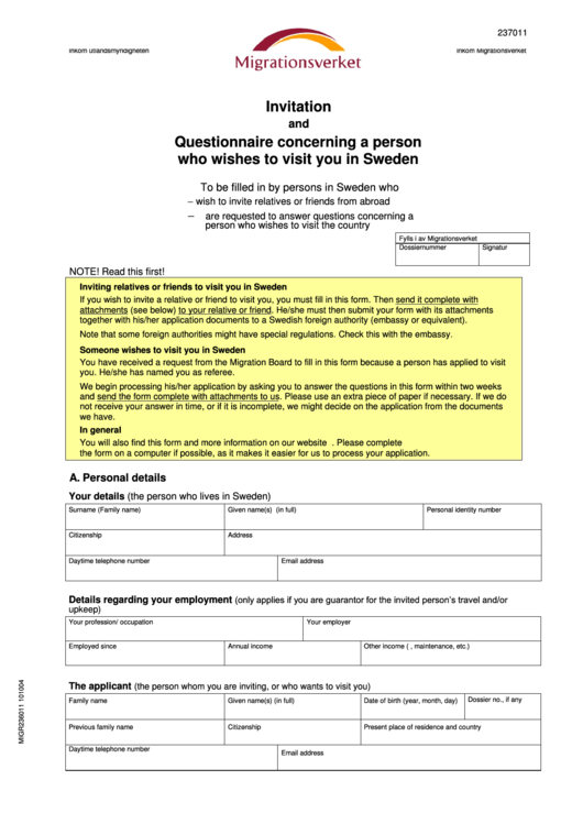 Invitation And Questionnaire Concerning A Person Who Wishes To Visit You In Sweden Printable pdf