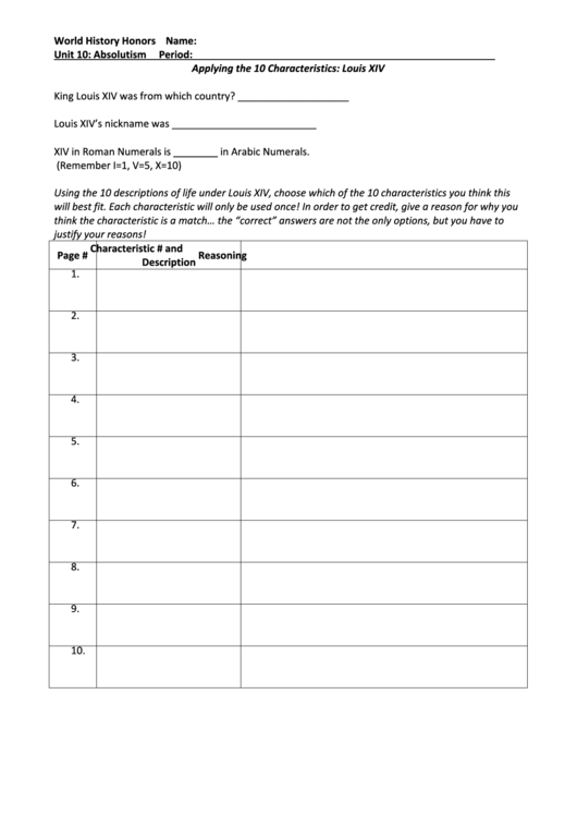 Louis Xiv Notes And Chart History Worksheets Printable pdf