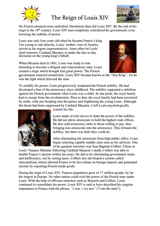 The Reign Of Louis Xiv History Worksheets Printable pdf