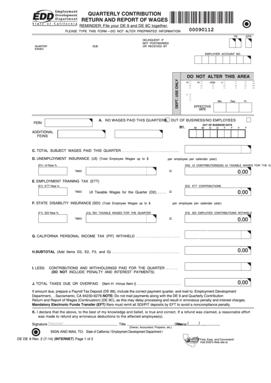 Form De 9 With Instruction- Quarterly Contribution Return And Report Of Wages - 2014 Printable pdf