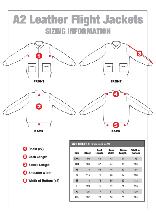A2 Leather Flight Jackets Sizing Information