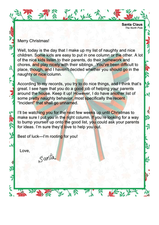 Naughty Or Nice Santa Letter Template Printable pdf